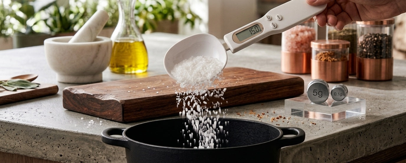 Digital measuring spoon scale pouring weighed salt into a cast iron pot on a stone kitchen counter
