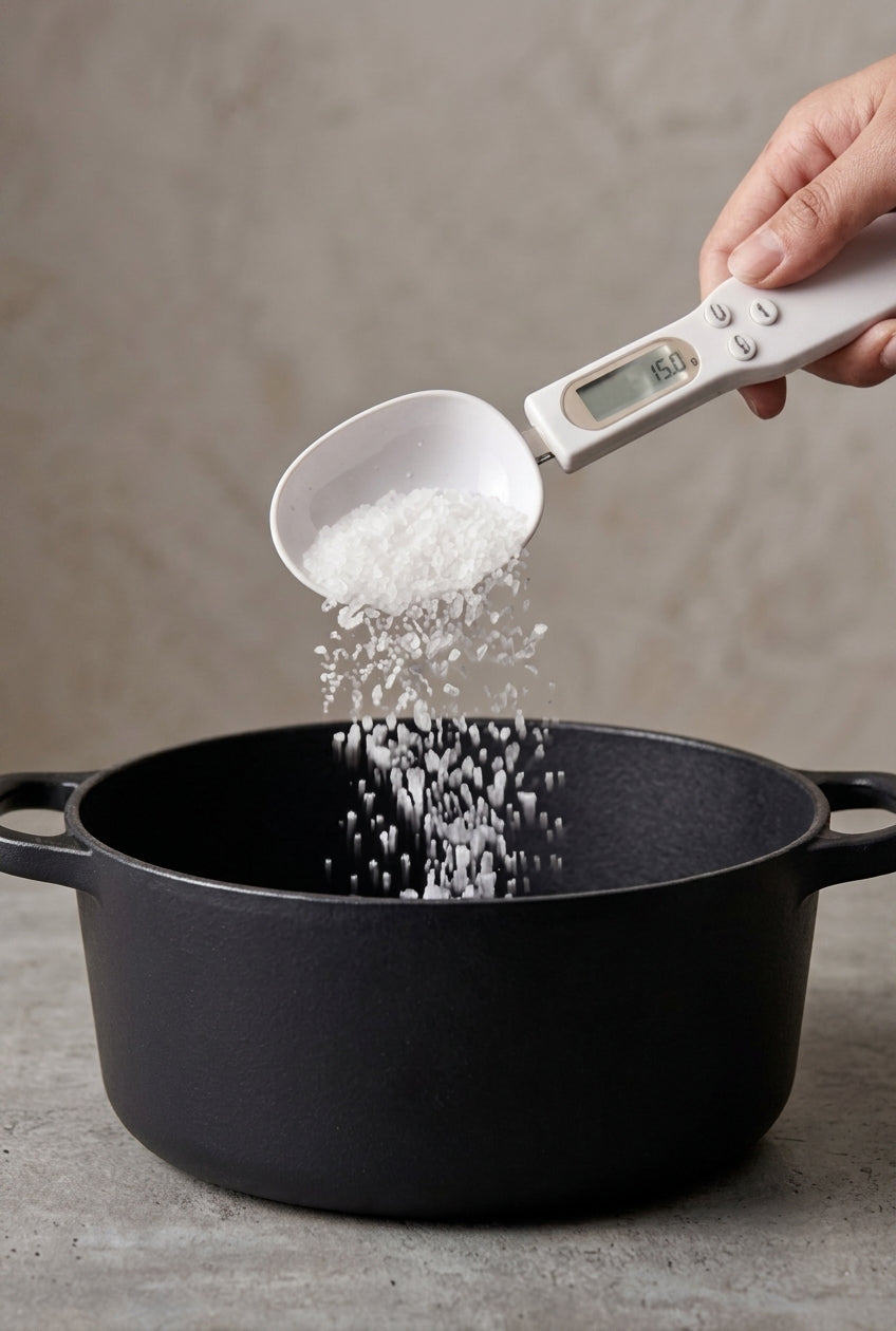 Hand pouring weighed salt from the digital measuring spoon into a cast iron pot, display reading 15.0 g