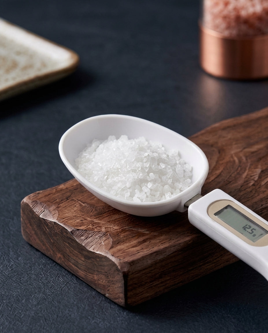 Digital measuring spoon scale holding coarse sea salt on a dark wooden board, display reading 12.5 g