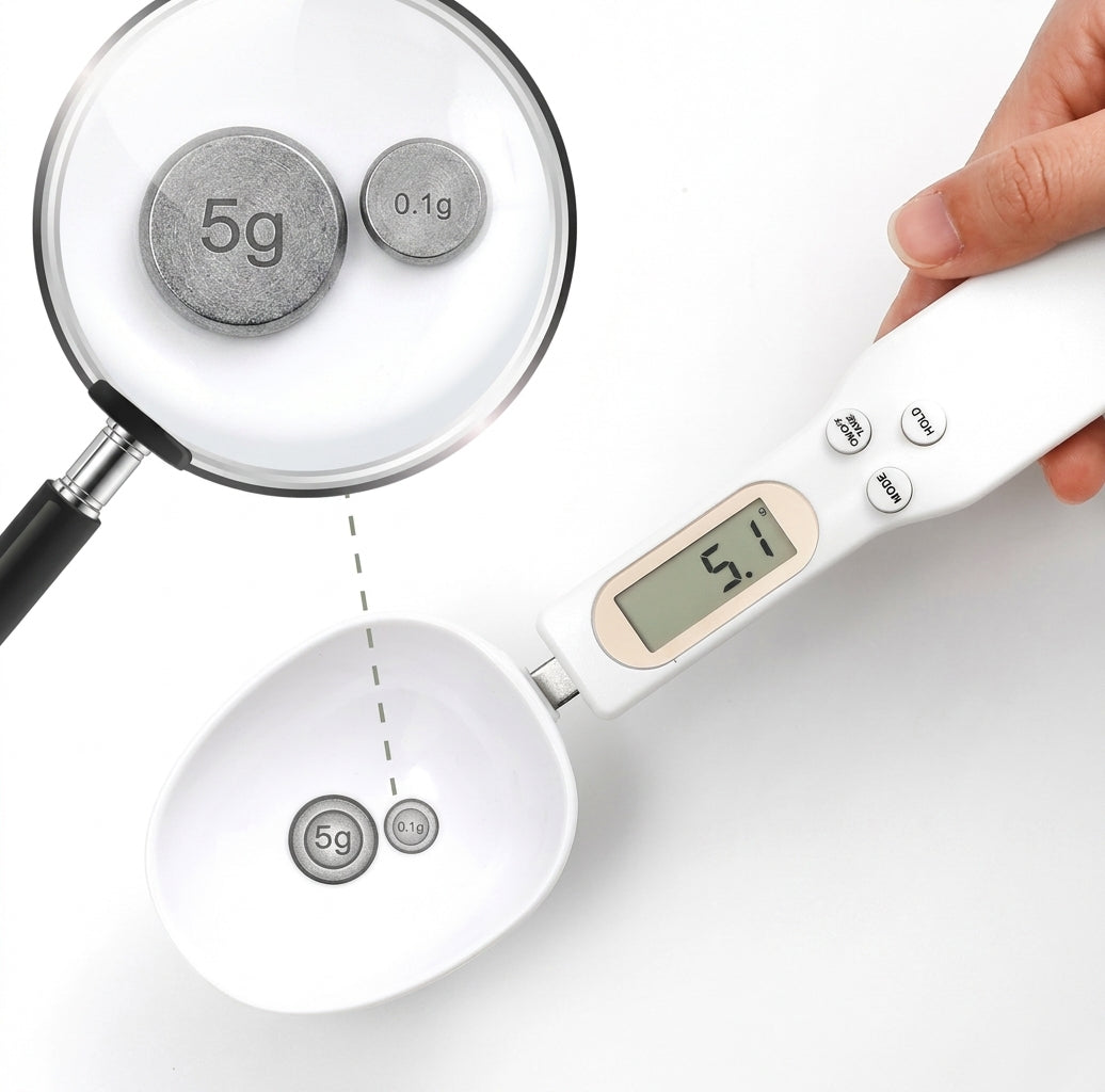 Close-up of the digital spoon scale weighing 5 g and 0.1 g calibration weights under a magnifier, display reading 5.1 g