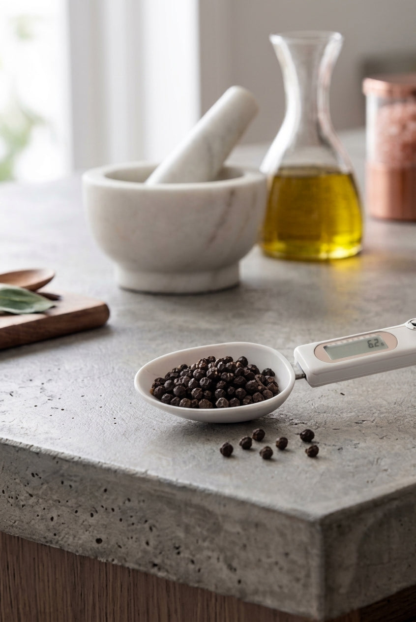 Digital measuring spoon scale weighing black peppercorns on a stone kitchen counter, beside a marble mortar and olive oil